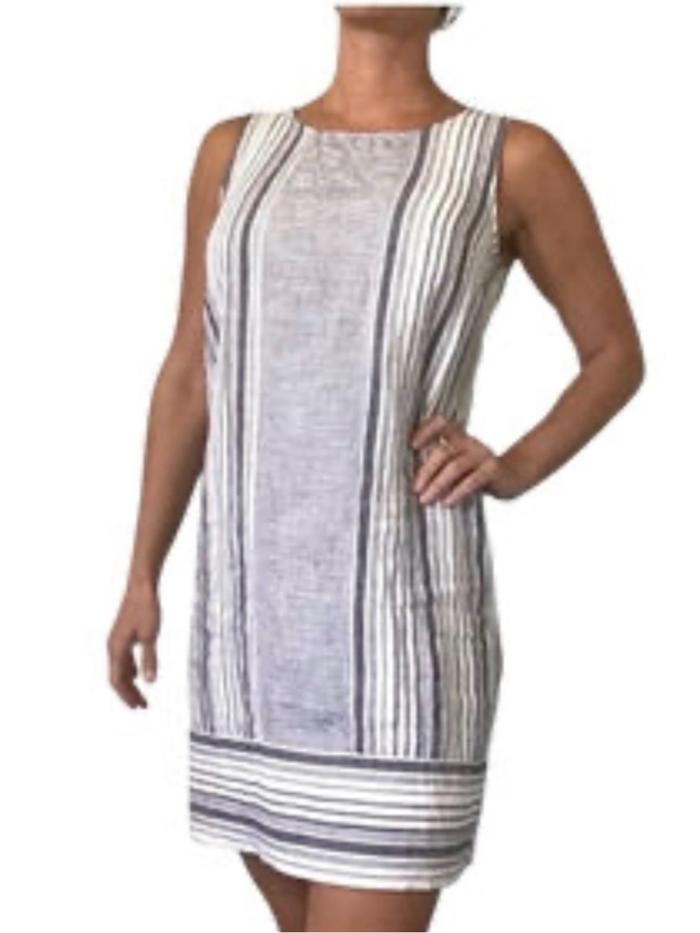 Preston & York 100% Linen Blue White Striped Sleeveless Shift Dress